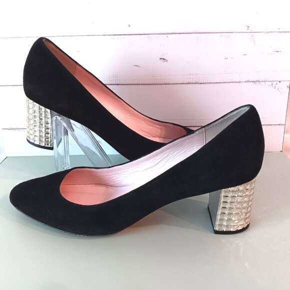 EUC💥KATE SPADE ITALY Stunning Black Velvet & Crystal Block Heels Size 9.5 - Picture 1 of 8